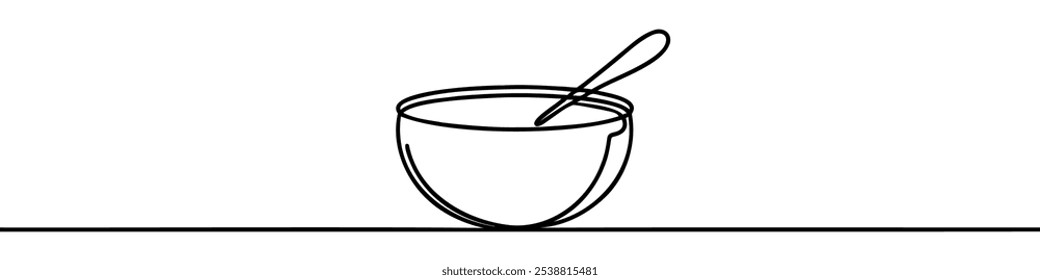 Uma ilustração de linha contínua de uma tigela de sopa, isolada sobre fundo branco. Parte de uma tigela de sopa.