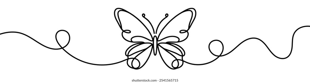  Uma ilustração em linha contínua de uma borboleta, isolada sobre fundo branco. Linhagem de uma borboleta.