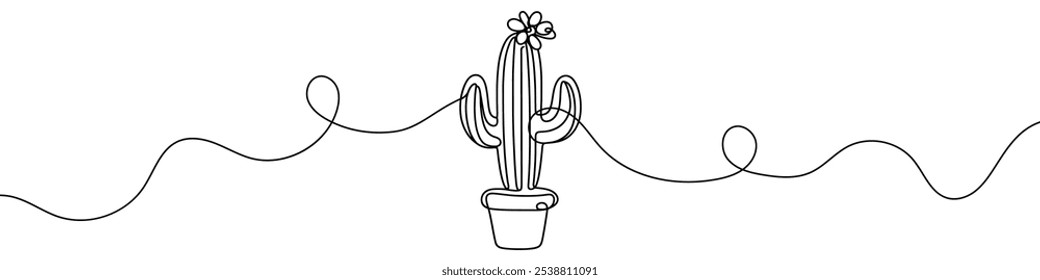 One continuous line illustration of a cactus, isolated on white background. Line art of a cactus