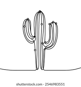 One continuous line illustration of a cactus, isolated on white background. Line art of a cactus. Vector illustration.