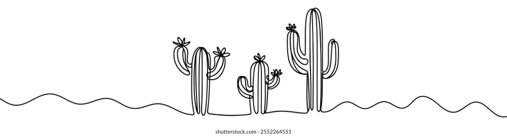 One continuous line illustration of a cactus, isolated on white background. Line art of a cactus