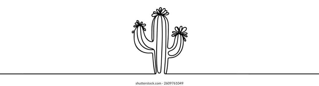 One continuous line illustration of a cactus, isolated on white background. Line art of a cactus