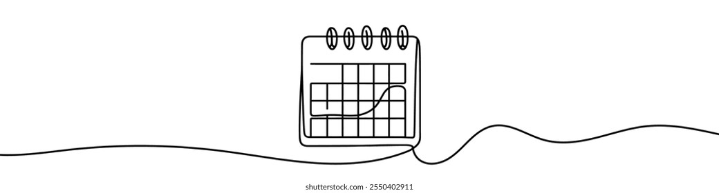 One continuous line illustration of a calendar, isolated on white background. Line art of calendar