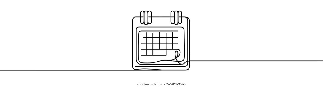 Uma ilustração de linha contínua de um calendário, isolada sobre fundo branco. Parte da linha do calendário