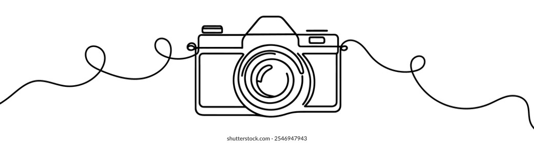One continuous line illustration of a camera, isolated on white background. Line art of camera