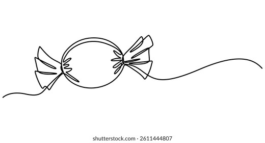 One continuous line illustration of a candy, isolated on white background. Line art of candy, Minimalist design for sweets and dessert themes. Simplified hand-drawn illustration for treats and ammy. 