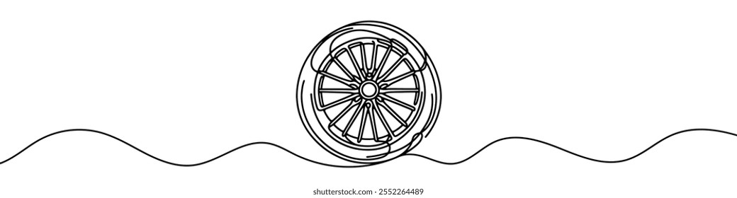 Una ilustración de línea continua de una rueda de coche, aislado sobre fondo blanco. Arte de la línea de la rueda del coche.