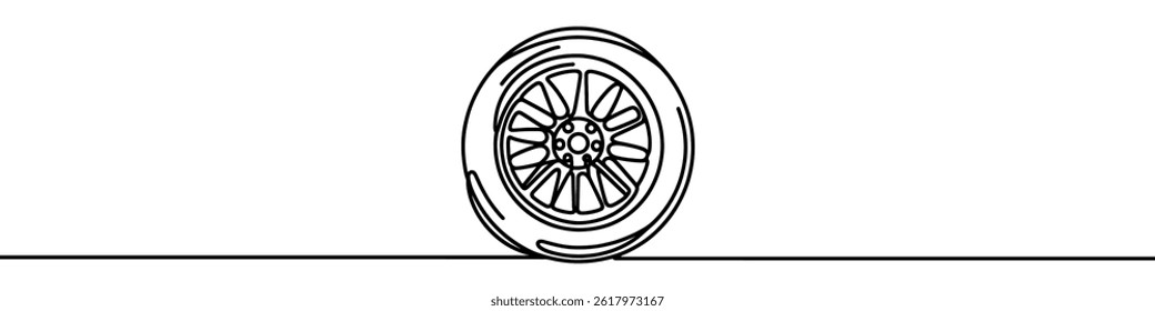Uma ilustração de linha contínua de uma roda de carro, isolada sobre fundo branco. Roda de carro.