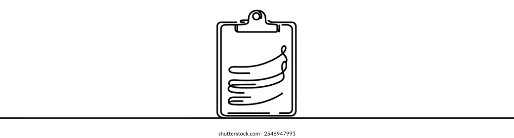 Una ilustración de línea continua de una lista de verificación, aislada sobre fondo blanco. Parte de línea de la lista de comprobación