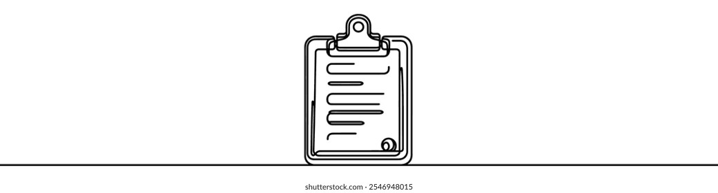 One continuous line illustration of a checklist, isolated on white background. Line art of checklist