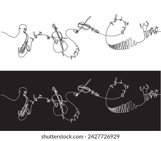 una ilustración de línea continua de música clásica e instrumentos, como orquesta, saxofón, piano, violín, violonchelo, etc. Hay notas musicales o partituras que forman ondas