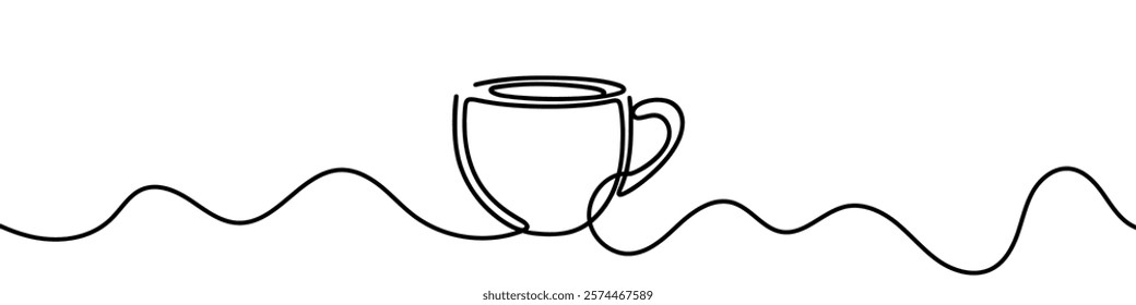 One continuous line illustration of a cup of tea, isolated on white background. Line art of a cup of tea