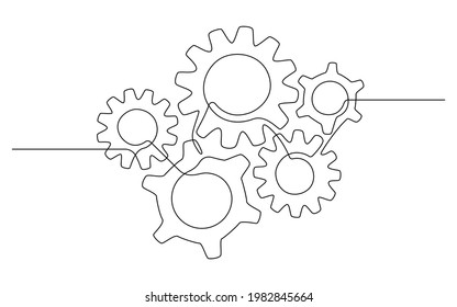 One continuous line illustration of different gears wheels. Five cogwheels in simple lineart style. Editable stroke. Creative concept of business teamwork, development, innovation, process. Vector.