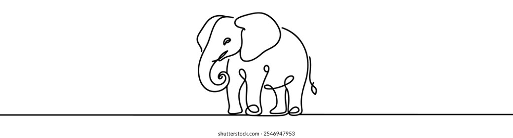 One continuous line illustration of an elephant, isolated on white background. Line art of elephant.