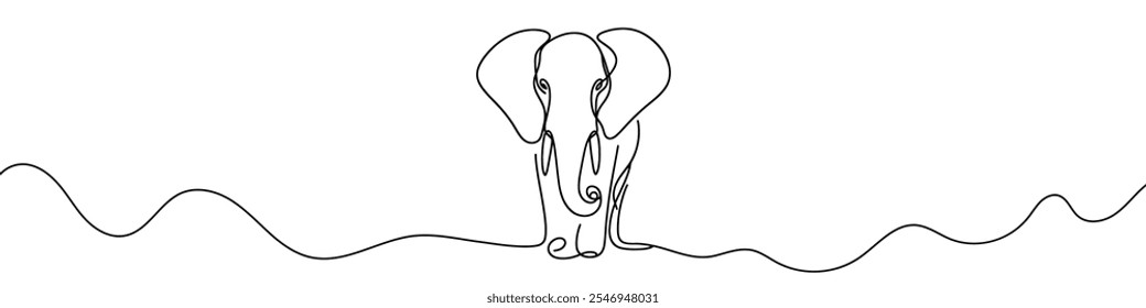 One continuous line illustration of an elephant, isolated on white background. Line art of elephant.