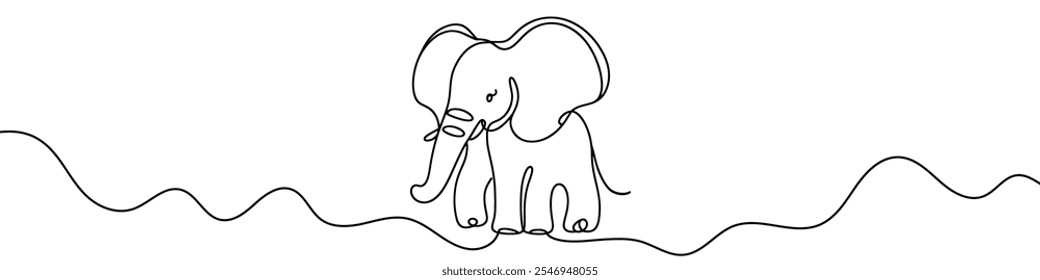 One continuous line illustration of an elephant, isolated on white background. Line art of elephant.