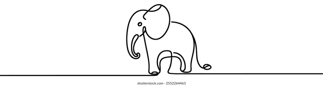 One continuous line illustration of an elephant, isolated on white background. Line art of elephant