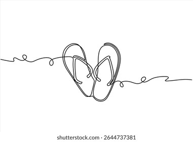 One continuous line illustration of flip flops, isolated on white background. Line art of flip flops. Hand drawn one line vector. Editable stroke
