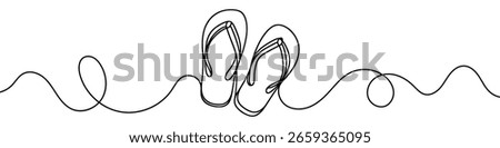 One continuous line illustration of flip flops, isolated on white background. Line art of flip flops