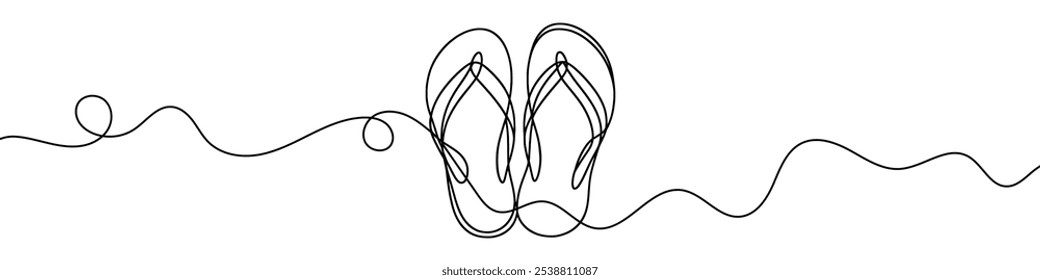 Uma ilustração de linha contínua de flip-flops, isolada sobre fundo branco. Esta é uma arte de uma linha de flip-flops.