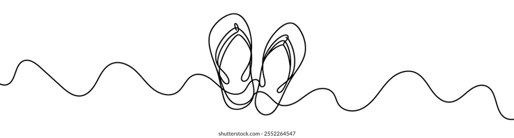 Uma ilustração de linha contínua de flip-flops, isolada sobre fundo branco. Flip-flops.