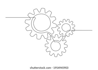 One continuous line illustration of gears wheels. Three cogwheels in lineart style. Editable stroke. Symbol of teamwork, development, logo, emblem. Creative concept of business teamwork. Vector