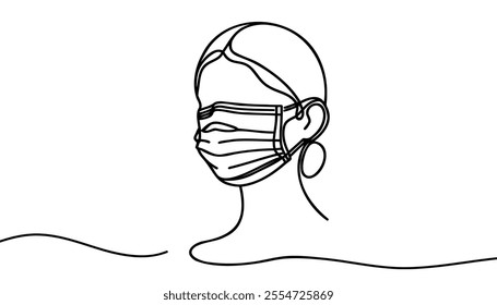 One continuous line illustration of a girl face wearing a mask, isolated on white background