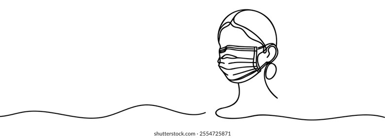 One continuous line illustration of a girl face wearing a mask, isolated on white background