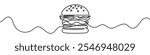 One continuous line illustration of a hamburger, isolated on white background. Line art of hamburger