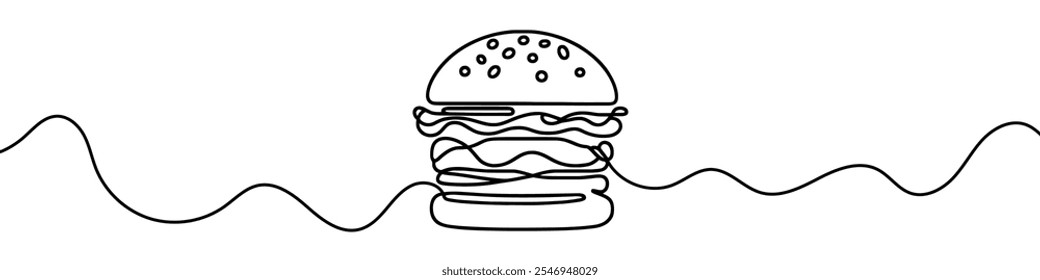 Una ilustración de línea continua de una hamburguesa, aislada sobre fondo blanco. Línea de arte de la hamburguesa