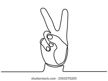 One continuous line illustration of a hand making a peace sign. Minimalist peace gesture drawing.