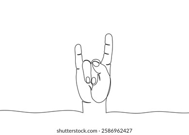 One continuous line illustration of hand in rock and roll gesture. Continuous line drawing of human arm with two fingers raised - horned gesture. Vector illustration.