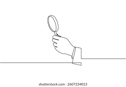 One continuous line illustration of hand holding magnifying glass, Single Line Drawing of a Hand Holding a Magnifying Glass - Minimalist Concept on White Background.