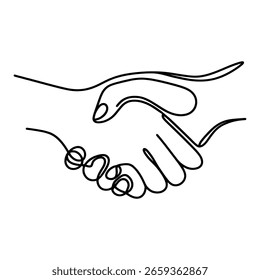 Eine durchgehende Liniengrafik eines Handshakes, einzeln auf weißem Hintergrund. Linienart eines Handshakes