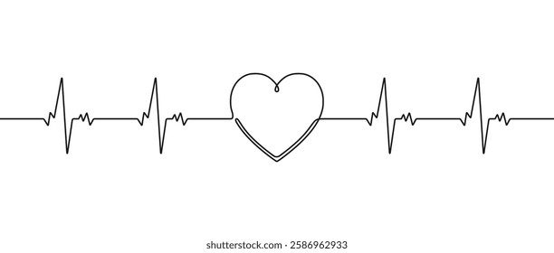 One continuous line illustration of heartbeats cardiogram with heart shape inside. Continuous line drawing of heart with heartbeats. Vector illustration.