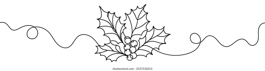 One continuous line illustration of holly berries and leaves, isolated on white background. This is a one line art of holly berries