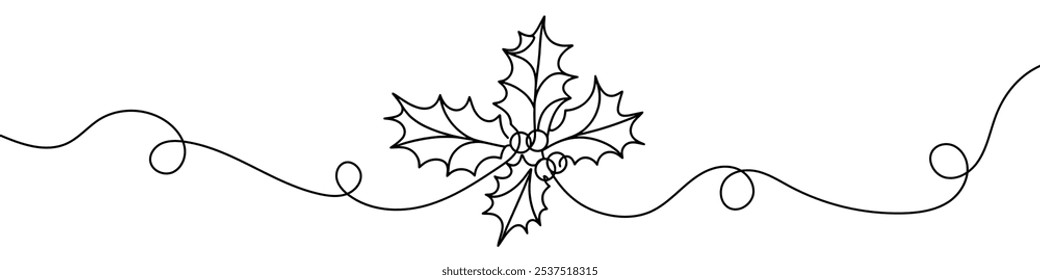 One continuous line illustration of holly berries and leaves, isolated on white background. This is a one line art of holly berries