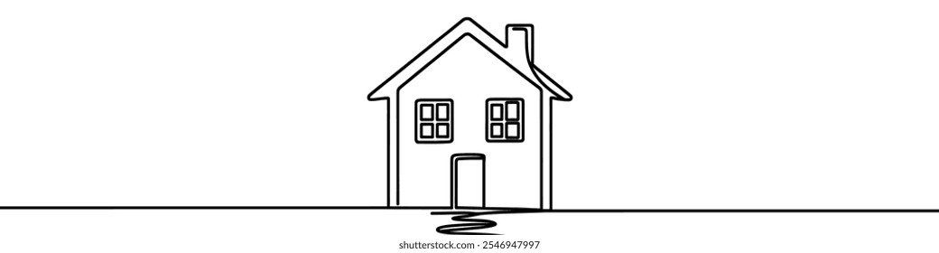 One continuous line illustration of a house, isolated on white background. Line art of house