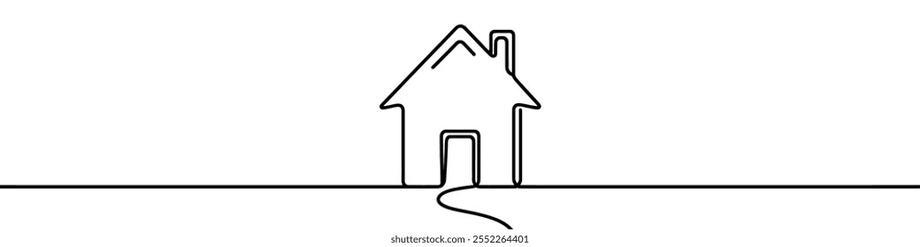 One continuous line illustration of a house, isolated on white background. Line art of house