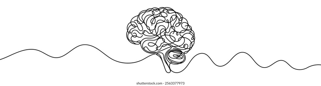 One continuous line illustration of a human brain, isolated on white background. Line art of human brain