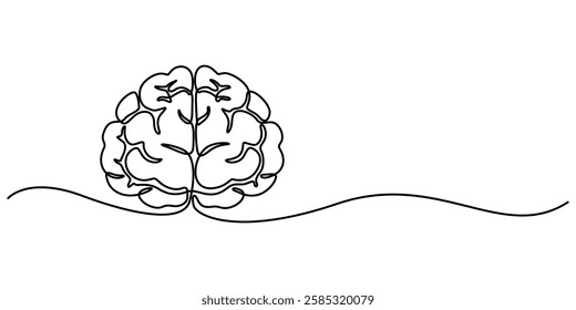 One continuous line illustration of a human brain, isolated on white background. Line art of human brain, Continuous Line Drawing of Deep Learning Icon. Hand Drawn Symbol Vector Illustration, pro.