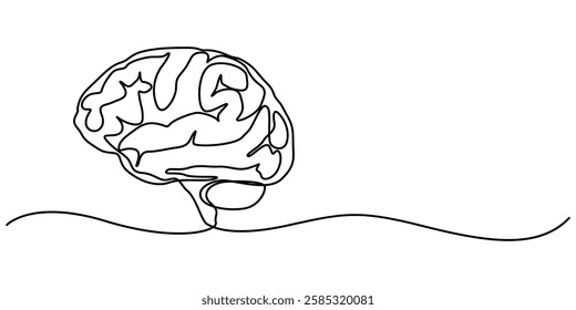 One continuous line illustration of a human brain, isolated on white background. Line art of human brain, Continuous Line Drawing of Deep Learning Icon. Hand Drawn Symbol Vector Illustration, pro.