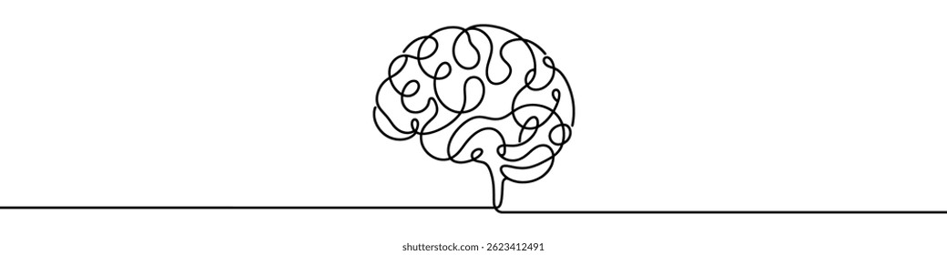One continuous line illustration of a human brain, isolated on white background. Line art of a human brain