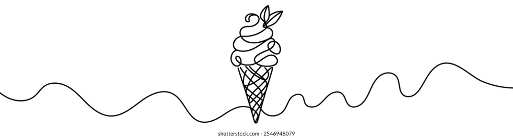 One continuous line illustration of ice cream, isolated on white background. Line art of ice cream