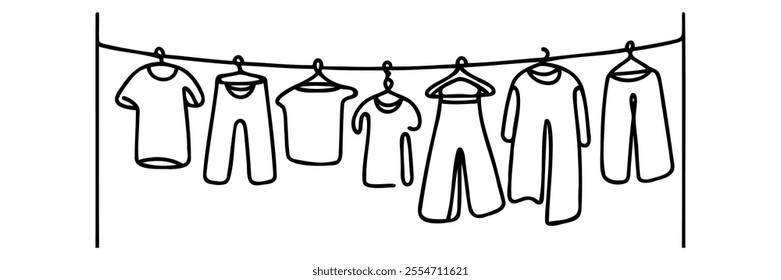 One continuous line illustration of items hanging to dry on a clothesline, isolated on white background