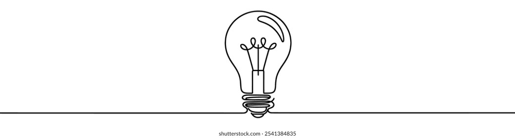 One continuous line illustration of a lightbulb, isolated on white background. Line art of lightbulb.