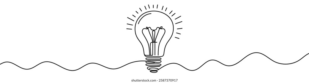 One continuous line illustration of a lightbulb, isolated on white background. Line art of lightbulb.