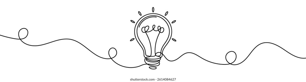 One continuous line illustration of a lightbulb, isolated on white background. Line art of lightbulb.