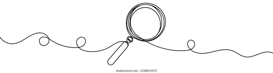  One continuous line illustration of a magnifier, isolated on white background. Line art of a magnifier