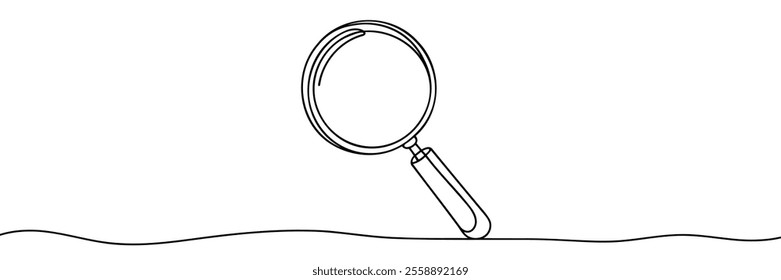 One continuous line illustration of magnifying glass. Continuous line drawing of magnifying glass lens. Vector illustration, Magnifying glass search symbol isolated